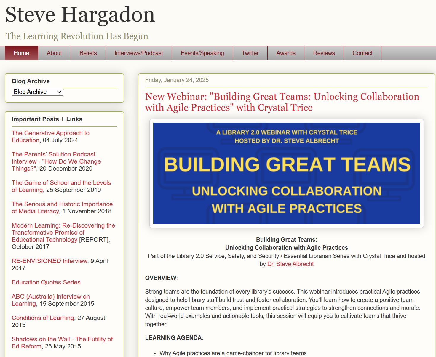 Steve Hargadon's blog displaying a webinar on team-building