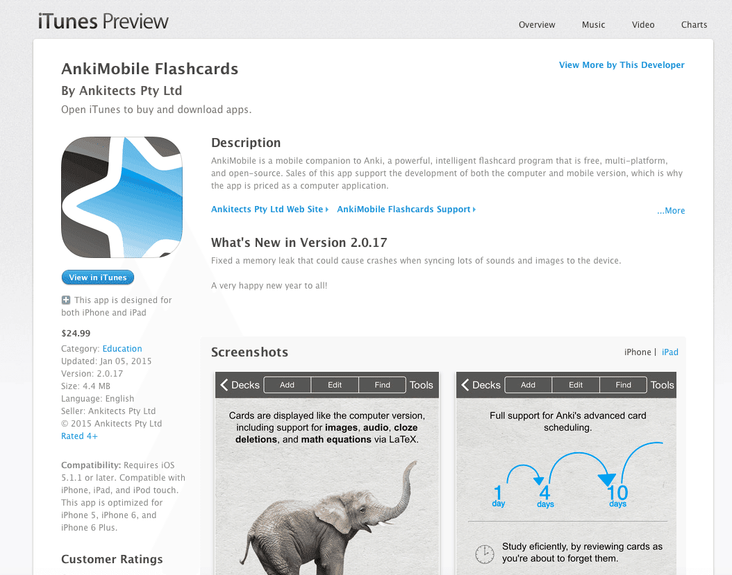 Anki flashcards app in iTunes