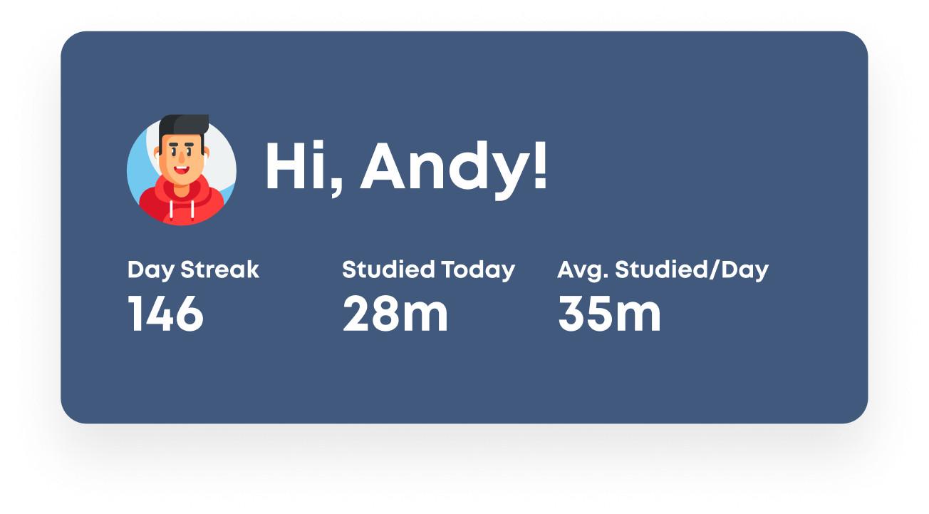 Profile picture from mobile dashboard with 'Hi Andy!' shown and under the profile picture are a few metrics headings and data: Day Streak, Studied today (time), and Average studied per day (time).