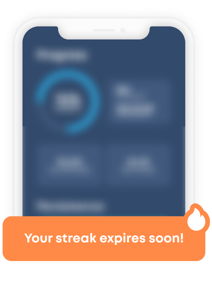 Blurred out mobile metrics screen with the highlighted widget, 'Your streak expires soon' positioned at the bottom.