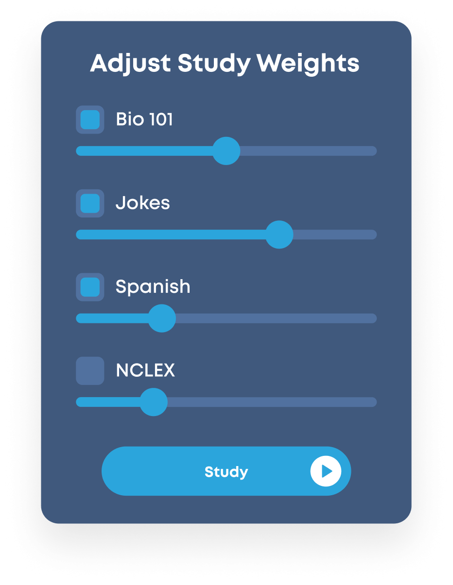 Adjust Study Weights' modal with a series of classes are listed with a slider for each class that can be adjusted.  Button at bottom of screen reads 'Study'.