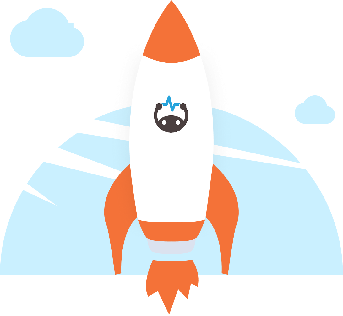 Rocket ship blasting into the clouds with Brainscape logo.