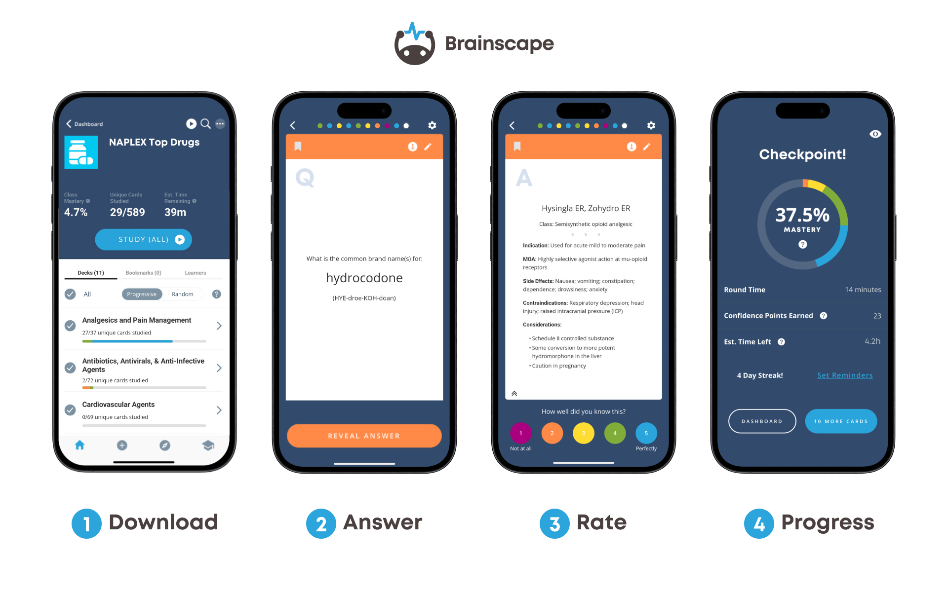 Brainscape's NAPLEX course dashboard, flashcard question and answer, and progress meter