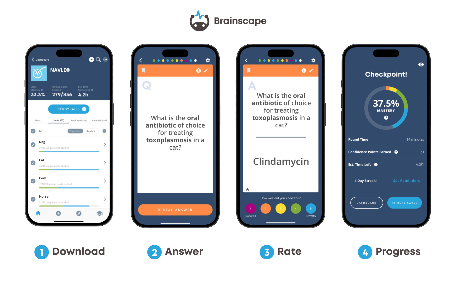 Brainscape's NAVLE® course dashboard, flashcard question and answer, and progress meter