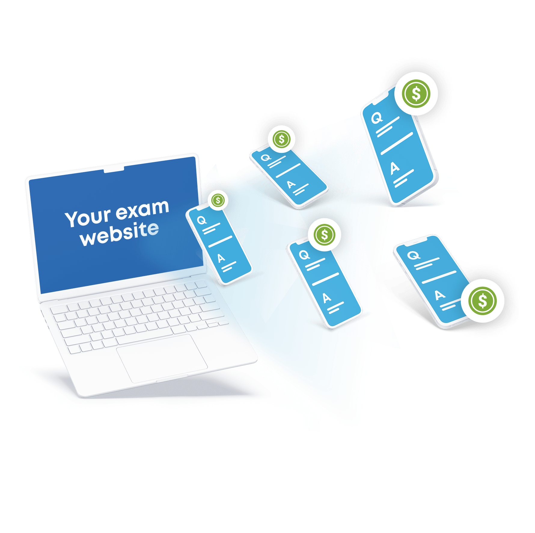 Computer screen that reads 'Your exam website' with flashcards flowing out to the right with dollar signs on each.