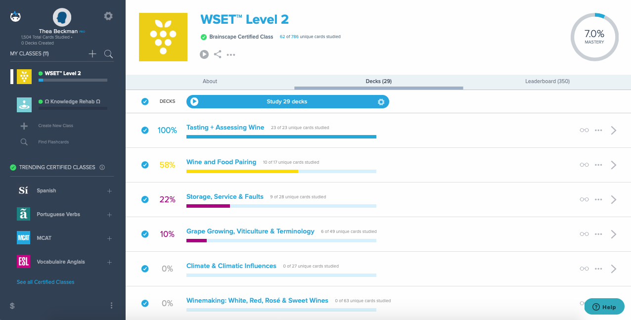 Brainscape's WSET Level 2 wine flashcards web dashboard Brainscape's WSET Level 2 wine flashcards web dashboard