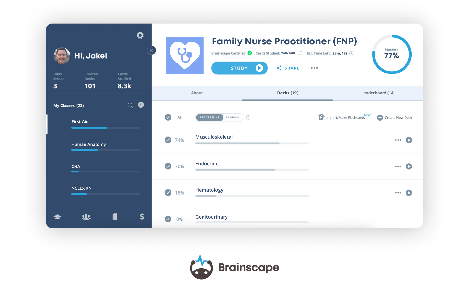 Brainscape's FNP Flashcards Dashboard (Web)