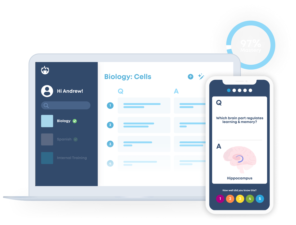 brainscape®168一分钟极速赛车官网开奖结果记录-体彩历史查询-168极速号码预测网站 web dashboard with a series of flashcards on the main screen, and a list of classes on the left panel.  An overlay of a mobile device with a flashcard is on the right side of the design.  The question is: which part of the brain is responsible for learning & memory, and the answer is: hippocampus.  Below that is the 1-5 rating system.  Additional widgets are placed around the design showing names of contributors, card studied metrics, and a certified class indicator.