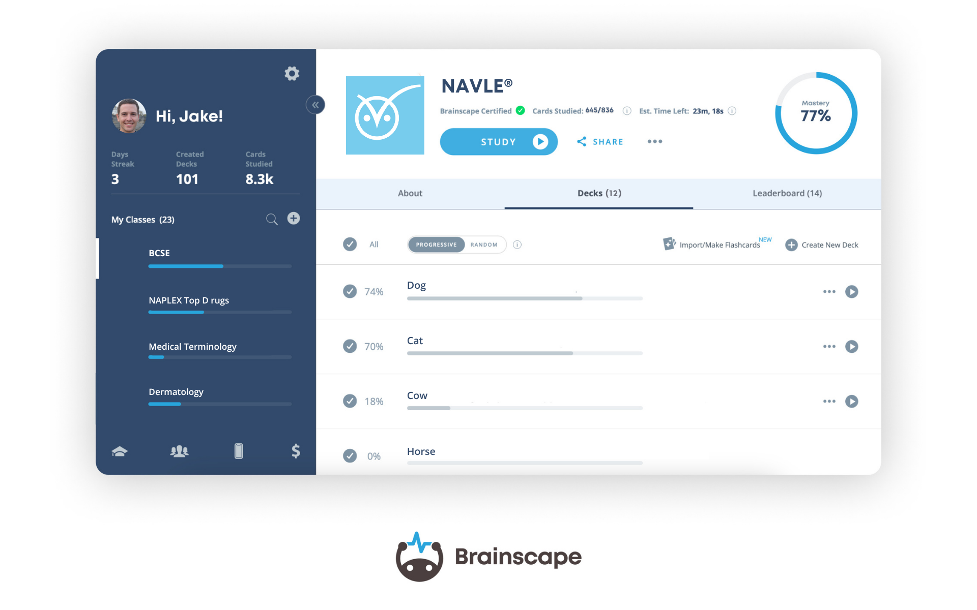 Brainscape's NAVLE® Flashcards Web Dashboard