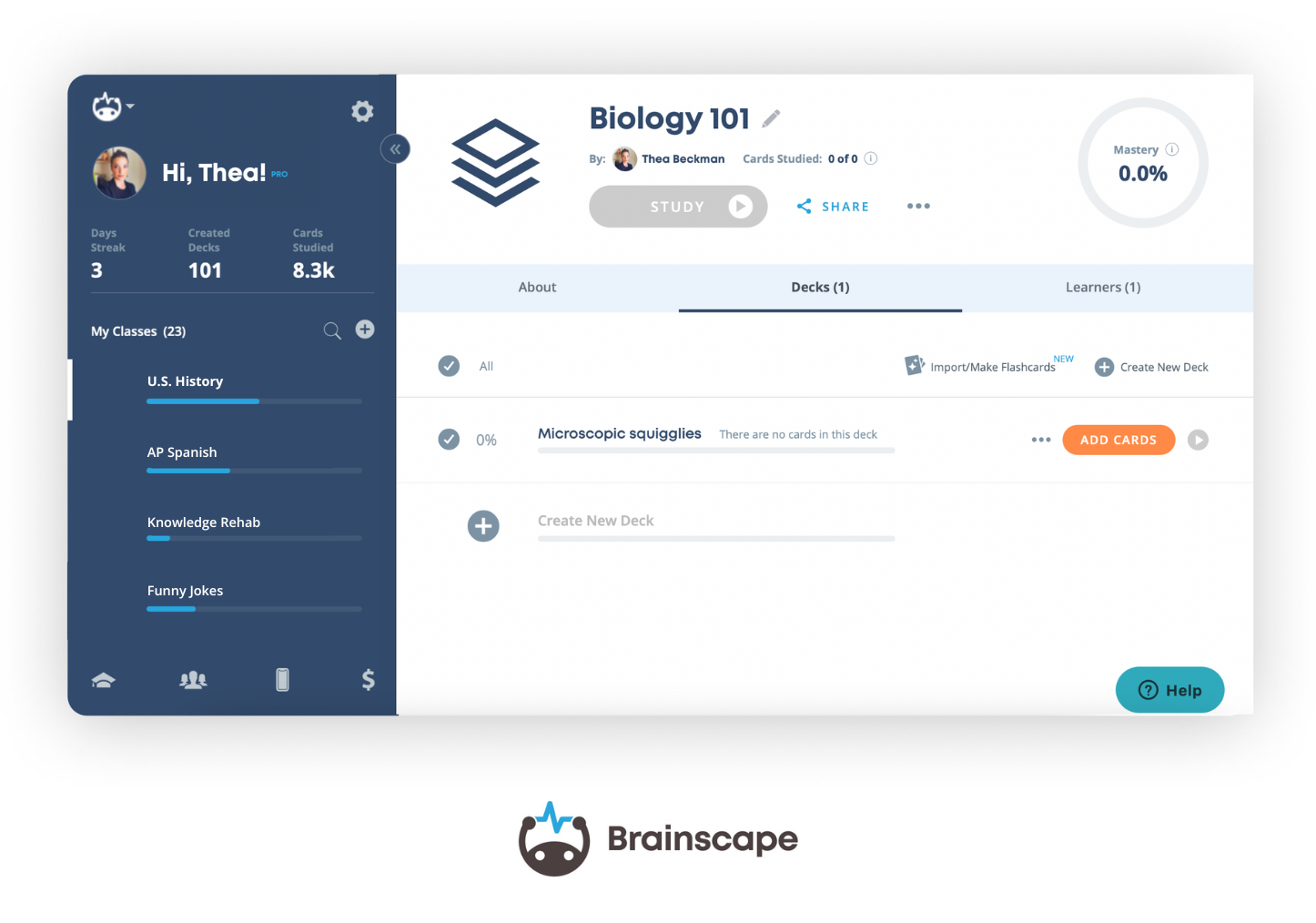 Screenshot of new flashcard class in Brainscape's web dashboard