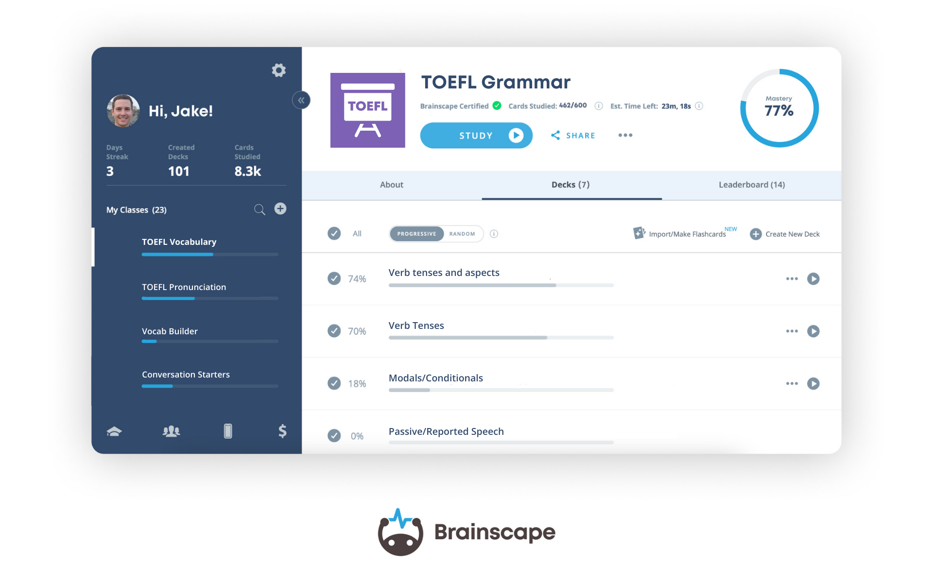 Brainscape's TOEFL Flashcards Web Dashboard
